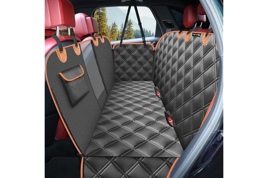 KYG Dog Hammock for Car Back Seats with Side Protection and Mesh Visual Window, Durable Scratch Proof and Waterproof Pet Seat Cover for Cars/Trucks/SUV, 135 x 148 cm, Black&Orange