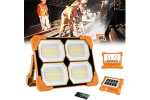 T-SUN 100W Projecteur LED Rechargeable Solaire, 5 Modes 328 LED Projecteur Chantier Portable, Lampe de Travail avec USB/Batterie Rechargeable/Panneau Solaire pour Réparation, Camping, Urgenc