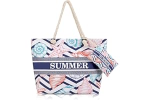 Teklemon Grande Sac de Plage, XXL Cabas Sac de Shopping Voyage, Sacs d'épaule de Natation Sport avec Poignées en Coton Corde, Grand Sac de Transport avec Fermeture Éclair