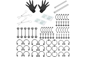 LOLIAS 84PCS Kit de Perforación Profesional de Acero Inoxidable 14G 16G Anillos de Ombligo Piercing de Cartílago Helix Daith Septum Hoop Piercing Kit Tongue Tragus Pezón Labio Piercing Body Jewerly
