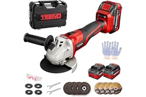 Amoladora Angular Inalámbrica TEENO 21V 1000W - Kit Completo con 2 Baterías 4.0Ah y Cargador - Motor Brushless, 9100 RPM, 125 mm - Incluye 14 Accesorios (Disco, Llave, Guantes)