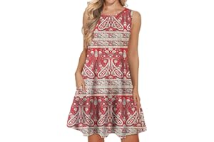 WNEEDU Grande Boho Vestidos de Playa de Verano para Mujer Camiseta de Tanque sin Mangas Vestido de Sol con Bolsillos