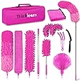 ThinkLearn Microfiber Dusters for Cleaning,14PCS Feather Dusters with Extension Pole,Bendable Washable and Extendable Duster for High Ceilings, Fans and Blinds House Cleaning Kit Pink Gift for Women