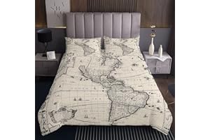 Homemissing World Map Quilted Bedspread Countries Major Capital Cities Universe Earth Continents Coverlet Pale Yellow Grey Bedding Cover with 2 Pillowcases 3Pcs Bedding Double
