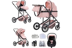 Lnhcrbs Carrito Bebe 3 en 1,Rosa-Conjunto de Silla de Paseo&Silla de Coche,Silla de Paseo Reversible con asa Ajustable,Cesto Para Dormir&Capazo con Cubrepiés,Almohadillas de Algodón Espesas,0-4,22KG