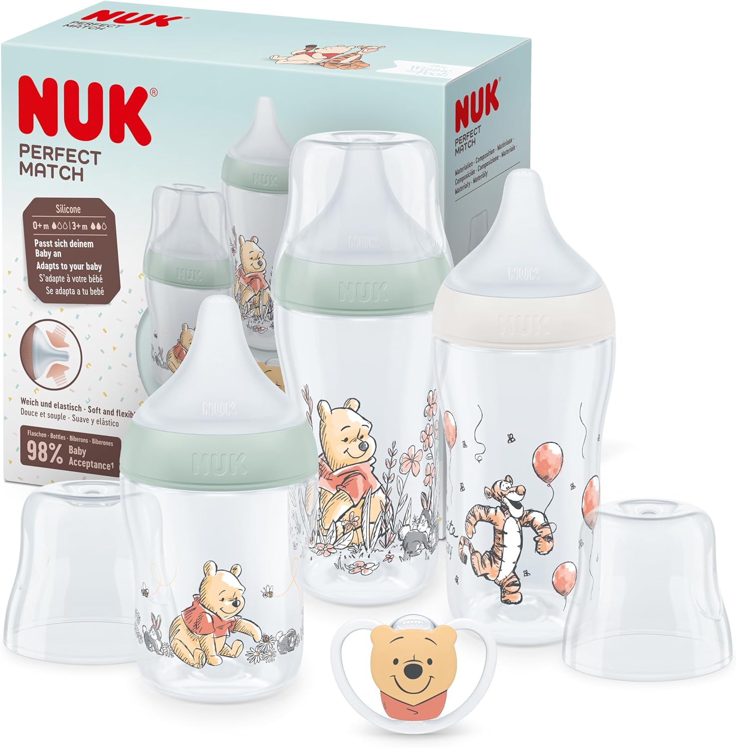 NUK Perfect Match Set de biberones | +0-6 meses | Se adapta al bebé como el pecho de mama | 3 biberones anticólico y chupete Space | Winnie the Pooh de Disney | 4 uds.