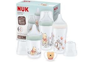 Set de biberones Perfect Match de NUK | +0-6 meses | Se adapta al bebé como el pecho de mama | 3 biberones anticólico y chupete Space | Winnie the Pooh de Disney | 4 uds.