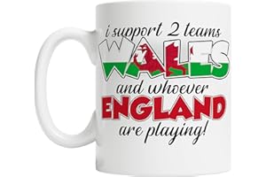 FUNKYSHIRT Wales Rugby Supporters Mug - Funny 2022 Welsh Rivalry England Coffee Cup - I Support 2 Teams Cymru Gift, White