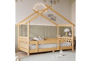 KecDuey Hausbett 90x200 cm - vielseitiges Holz Kinderbett für Jungen & Mädchen - Mit Rausfallschutz und Lattenrost (Ohne Matratze) (Natur#1)