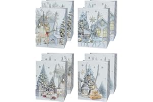 BIHIYII 8 Pcs Christmas Gifts Bags for Presents, Luxury Xmas Gift Bags with Glitter Pattern, 4 Designs x 2, Christmas Treat Bags with Handle for Gifts Party Supplies, 18 x 10 x 23 cm