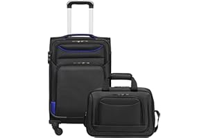 COOLIFE Koffer Trolley Koffer Reisekoffer von 4 Rollen Stoffkoffer Handgepäck TSA-Schloss Der Koffer Enthält 1 Große Umhängetasche (Handgepäck-Set 2tlg, schwarz+blau)