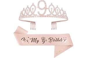 Mikccer Rose Gold 9th Birthday Sash and Tiara - Rhinestone Crown Headband for Girls' Birthday Gifts, Decoration Party Accessories