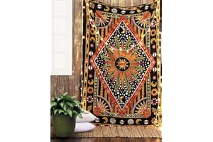 RAJRANG Tapisserie céleste pour chambre à coucher, décoration de dortoir, soleil, lune, étoile, trippy, support mural, art spirituel, tapisserie en coton à suspendre, bon marché, orange, 229 x 213 cm