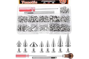 Tanstic 176 Sets Punk Spikes and Studs Kit, 8 Sizes Cone Spikes Screwback Studs Metal Tree Spikes for Leather Punk Style Clothing Accessories (Silver)