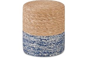 Mxfurhawa Pouf Ottomans, Natural Seagrass Foot Stool, Hand Weaving Round Footrest, Poof Pouffe Accent Chair with Wood Frame for Living Room, Bedroom, (Natural & Blue)
