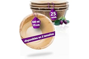 Waipur 25 Cuencos Desechables de Hoja de Palma Orgánicos - 15 cm/ 500 ml - Vajilla Ecológica Elegante - Estable, Natural y Compostable - Menaje para Aperitivos o Fiestas - Estilo Madera
