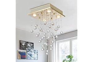 BESTIER Gold Cristal Moderno Cristal Cuadrado Lámpara de Araña Iluminación Empotrada LED Lámpara Colgante para Comedor Baño Dormitorio Sala de estar 30cm de ancho 50cm de alto