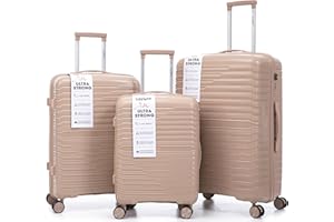 R.Leone Valigia da 1 pezzo Fino a Set 3 Trolley Rigido grande, medio, bagaglio a mano in Polipropilene 8 Ruote Autonome 6080 (Beige, Set 3 Pezzi S M L)