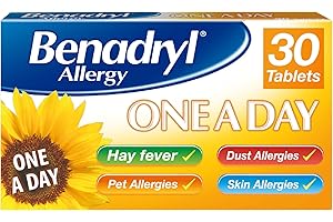Benadryl Allergy One A Day 10 Mg Tablets - Effective and Long-Lasting Relief from Hay Fever, Pet, Skin and Dust Allergies - 30 Count