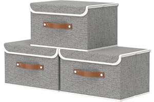 OUTBROS Caja de Almacenamiento plegable, grande Cesta con tapa, Contenedores de ropa de lino para ropa, para toallas, libros, 33 x 23 x 20 cm, Gris, 3 unidades