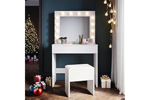 SONNI Tocador, 12 Luces LED con Brillo Ajustable, 1 Cajones Grandes y Taburete, Estilo Moderno, 80x40x140cm-Blanco