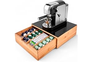 ARREDITALY Porta Cialde In Bambù Con Cassetto 4 Scomparti Ripiano in Vetro Organizer Capsule Caffè Cialde Bustine Tè Tisane Zucchero Design Elegante per Cucina e Ufficio 30 x 30 x 10 Cm Marrone