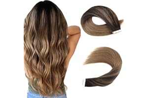 Sassina Tape Extensions Echthaar 35cm Balayage Dunkelbraun Übergehend zu Kastanienbraun Unsichtbar Wiederverwendbar Tape in Haarverlängerungen Remy Menschenhaar 20 Stück 50g #B2/6