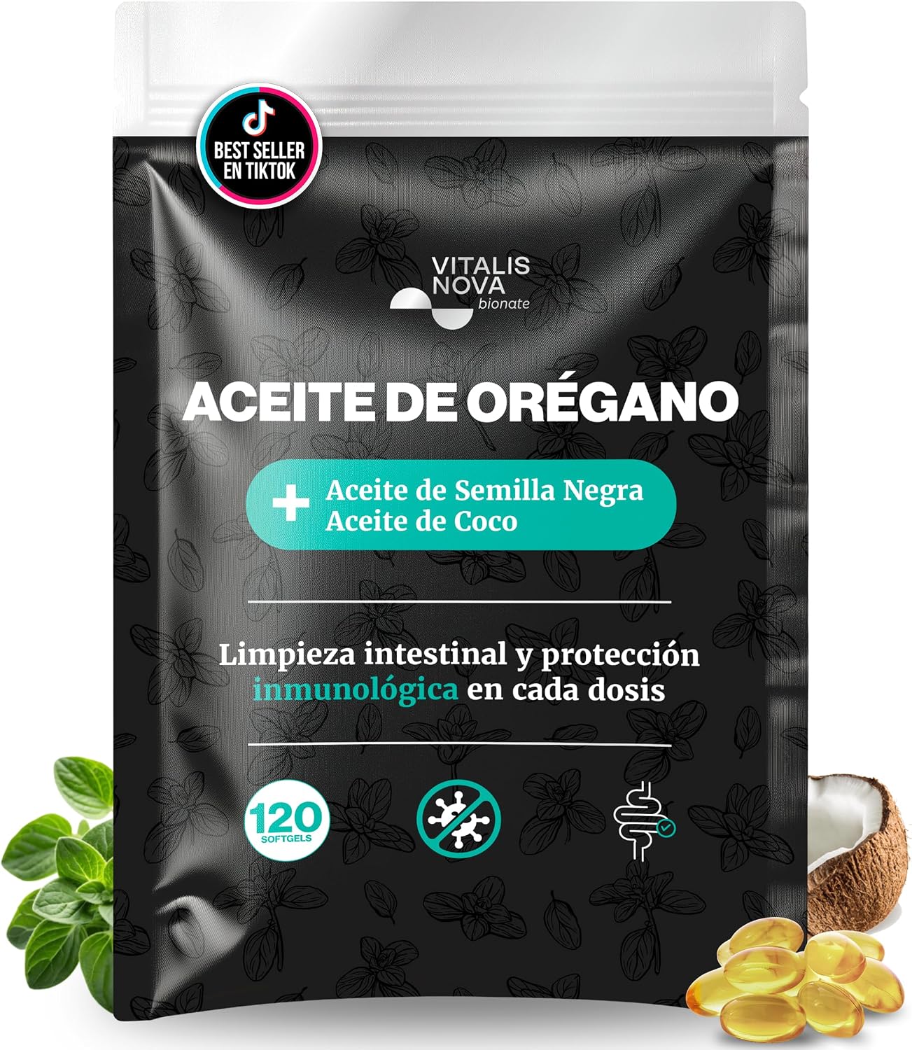 VITALIS NOVA Aceite de Oregano 120 Capsulas Blandas 150mg Activo Principal 100mg Semilla Negra 250mg Coco Formula 3en1 Carvacrol Potente Digestivo Defensas Naturales Facil de Tragar Uso Contra Candida