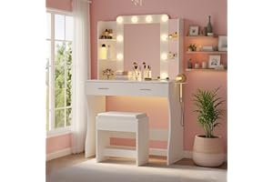 FiveWillowise Schminktisch mit 10 LED-Beleuchtung und Steckdosen, Farbtemperaturregulierung, Frisiertisch mit Spiegel, Kosmetiktisch mit 6 Offenen Ablagen, mit 2 Schubladen und Hocker, Weiß