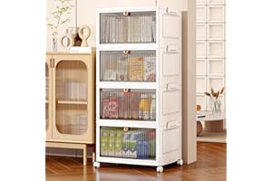 KHNR Storage Boxes with Lid, 4-Tier Plastic Stackable Storage Boxes with 1 Lid 23L/Tier, Folding Storage Bins with Wheels, Storage Organizer for Bedroom Living Room, Office, Dorm