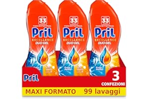 Pril Excellence Duo Gel, Detersivo in Gel, Azione Anti Odore, con Aceto, Formato da 3 Confezioni da 33 Lavaggi