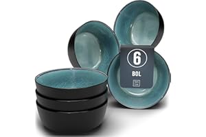 PURE LIVING INTERIOR DESIGN Ensemble 6 Bols Céréales Grès Ibiza - Muesli, Lave-vaisselle, Micro-ondes - Petits Bols Assiettes Creuses, Pure Living bleu pétrole foncé, Service de Table Élégant