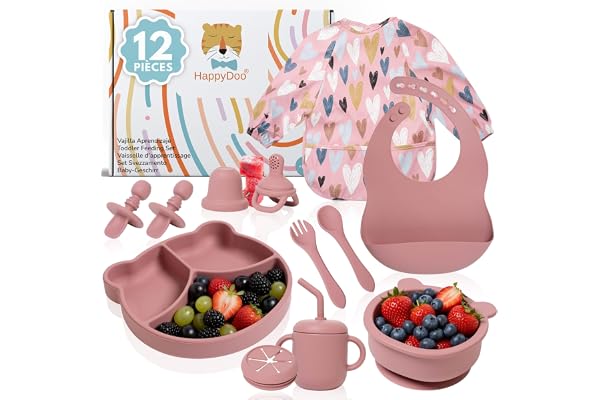 HappyDoo Coffret Repas Bébé en Silicone 12 Pièces | Assiette à Ventouse + Bol + Tasse 3en1 + Couverts + Bavoirs Imperméables + Tétine Grignoteuse | Sans BPA | Compatible Micro-ondes et Lave-vaisselle