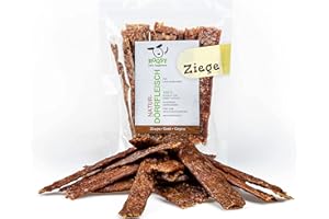 ROQSY Naturalne suszone mięso w 100% kozie suszone mięso dla psów, 100 g, artykuł do żucia również dla szczeniaków, bez zbóż, Jerky, przekąska dla psów, paski do żucia, smakołyki, mięso zakupowe