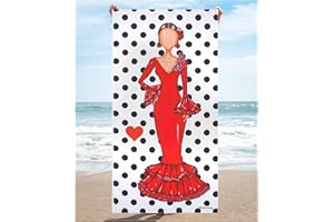 IllustrArte Toalla de Playa de Secado rápido para Gimnasio, Yoga, Viajes, Natación, Piscina, Hamaca, Tumbona (152CM*76CM). Flamenca con Vestido Roja.