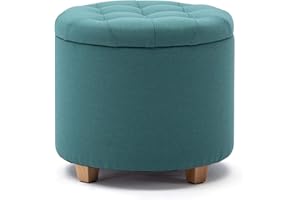 HNNHOME® - Otomana de almacenamiento de lino acolchada redonda de 45 cm, taburete puf con almacenamiento (verde claro)