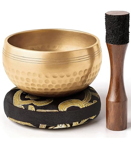 Ajuny Tibetische Klangschale Set – Handgefertigt Aus Messing, Rot, 10 Cm Durchmesser, Mit Stock & Kissen Für Meditation & Entspannung