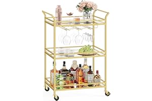 VASAGLE 3-Tier Drinks Trolley, Gold Bar Serving Trolley on Wheels, with Mirrored Glass Shelves, for Small Spaces, Kitchen, Dining Room, Living Room, Home Bar, 38 x 60 x 92 cm, Gold LRC100A01