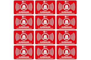 ISECUR 12 pegatinas con alarma I 5 x 3 cm exterior adhesivo UV + resistente a la intemperie I Advertencia sistema de alarma para ventana de puerta, edificio, objeto, garaje, coche, pegatina roja I hin_047