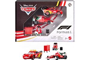 Mattel Disney och Pixar Cars x Formula 1 3-pack fordon | Flash McQueen, Francesco Bernoulli och Alex Machino med däckstapel och verktygsvagn