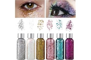 NUANGOO 6 Bottiglia Glitter Body Gel，6 colori diversi Glitter Make up，Adatto per Halloween, palla di Natale, viso, clavicola, trucco per capelli， glitter di lunga durata