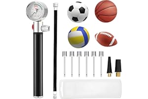 DAJASD Ballpumpe mit Manometer, Tragbare Luftpumpe mit 10 Ball Nadeln, 2 Düse & 1 Schlauch, Mini Handpumpe mit Aufblas & Abpumpfunktion für jeden Sportball Gymnastik Ball Fußball Basketbal Volleyball