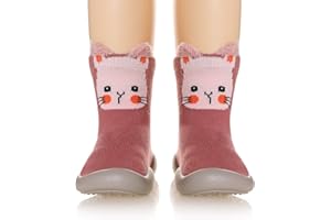 SEEYAN Baby Toddlers Moccasins Anti-Slip Fuzzy Slipper Floor Breathable Thick Kids Boys Girls Indoor Outdoor Winter Warm Shoes Socks (Pink Cat A, 18-24 Months)