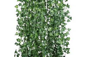 Houda Piante sospese artificiali, 25 metri, edera a foglie verdi, seta, decorazione per cucina, casa, giardino, ufficio, confezione da 12 Green