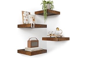 VINCOURNA Corner Floating Shelf Set of 4, Rustic Wood Wall Mounted Corner Shelf for Bathroom, Bedroom, Kitchen, Living Room, Farmhouse, Office-Heavy Duty Floating Shelves 25*25*3.8CM– Carbonized Black