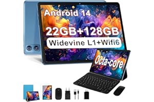 DGHRTI 2025 Tablette 10 Pouces, Android 14 Tablet Tactile, 22Go RAM/128Go ROM (Extensible 1TB), Processeur 8-Cœurs, 8000mAh, WiFi 5G/2.4G, Caméra 5+8MP, Face ID, Widevine L1, Clavier & Souris Inclus -Bleu