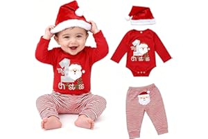 DaceStar Baby Weihnachtsoutfit Junge Mädchen My First Christmas Outfit Baby Weihnachtsoutfit Weihnachten Babykleidung Neugeborenen Set Weihnachtskleidung Santa Strampler+Hose+Hut 0-18 Monate