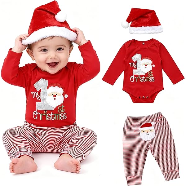 HEOXIN - Ensemble Bébé Fille 3 Pièces "My First Christmas" - Combinaison, Pantalon Et Bonnet Rayés - Pour 0-24 Mois