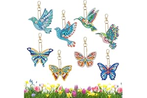 WEVOL Diamond Painting Porte-clés, 8 Pcs 5D Peinture Diamant Pendentifs DIY Diamant Double Face Papillon et Oiseaux, Porte-clés Broderie Diamant pour Adultes Enfants Arts Artisanat Décoration