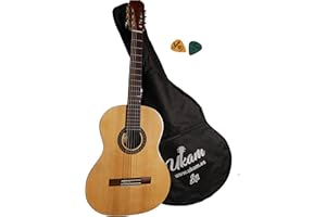 Guitarra Clásica Española Estudio UKAM mod.AM-GCE01 con funda mochila con bolso y asa con acolchado de 5mm y 2 puas 46mm colores variados.